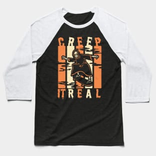Creep It Real Spooky Halloween Skeleton Skateboarding Skater Baseball T-Shirt